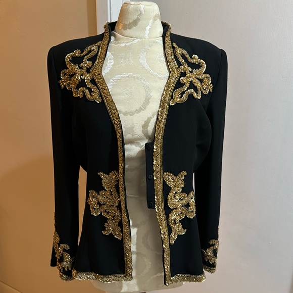 Victor Costa Vintage Black Gold Sequins Seed Beaded Luxurious Designer Jacket 8 - Picture 4 of 17